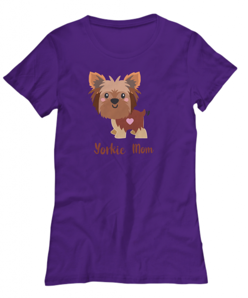 Purple T-shirt with cute Yorkie graphic. Text says Yorkie Mom