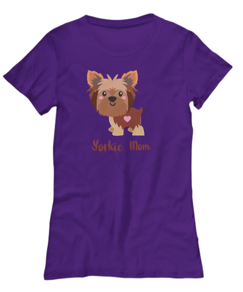 Purple T-shirt with cute Yorkie graphic. Text says Yorkie Mom