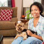 A woman wearing a plaid shirt smiles while sitting on a couch in her living room with a small Yorkshire Terrier on her lap. The room features brown and red pillows, a lamp, and various decorations.