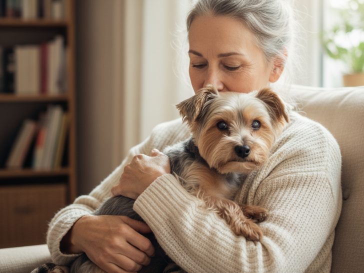 A woman with gray hair in a bun, wearing a cozy sweater, sits on a chair hugging her Senior Yorkshire Terrier. The background’s bookshelf and gentle lighting create a warm, relaxed atmosphere that celebrates the joy of senior dogs.