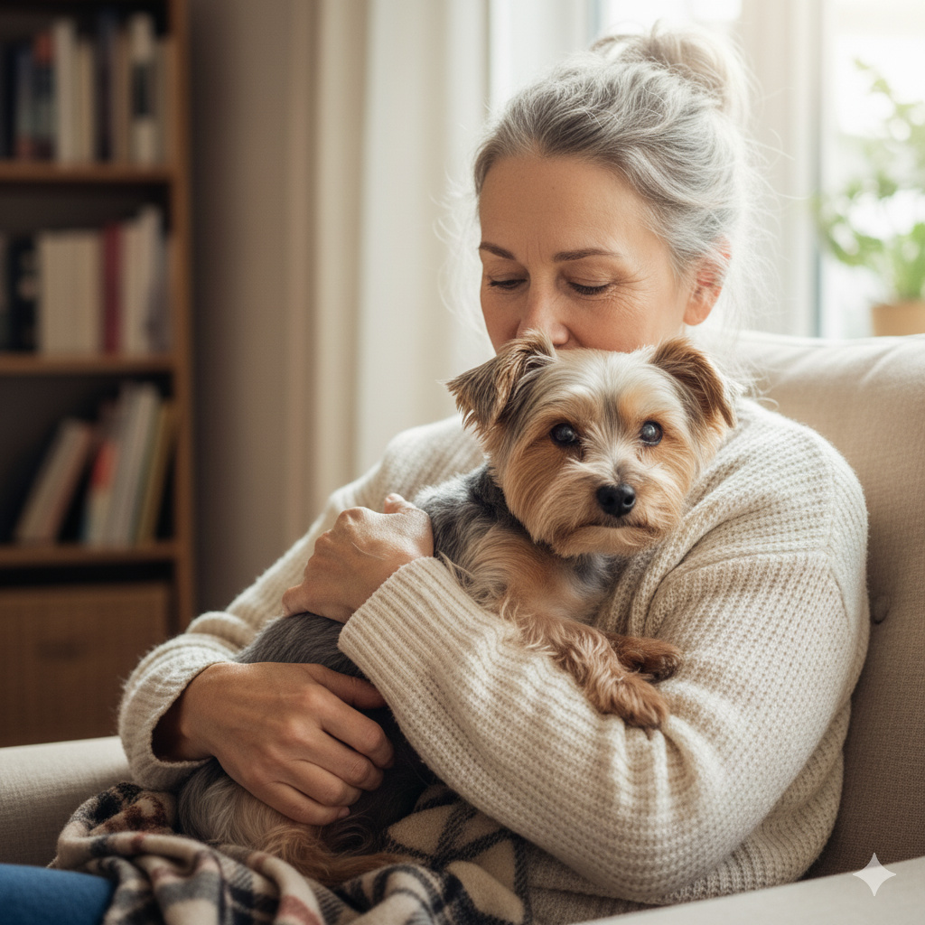 A woman with gray hair in a bun, wearing a cozy sweater, sits on a chair hugging her Senior Yorkshire Terrier. The background’s bookshelf and gentle lighting create a warm, relaxed atmosphere that celebrates the joy of senior dogs.