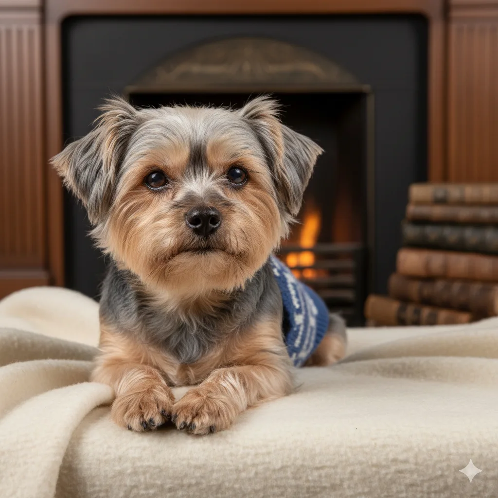 A small, fluffy senior Yorkshire Terrier wearing a blue sweater lies on a cream blanket in front of a fireplace, with stacks of books nearby, creating a cozy atmosphere.