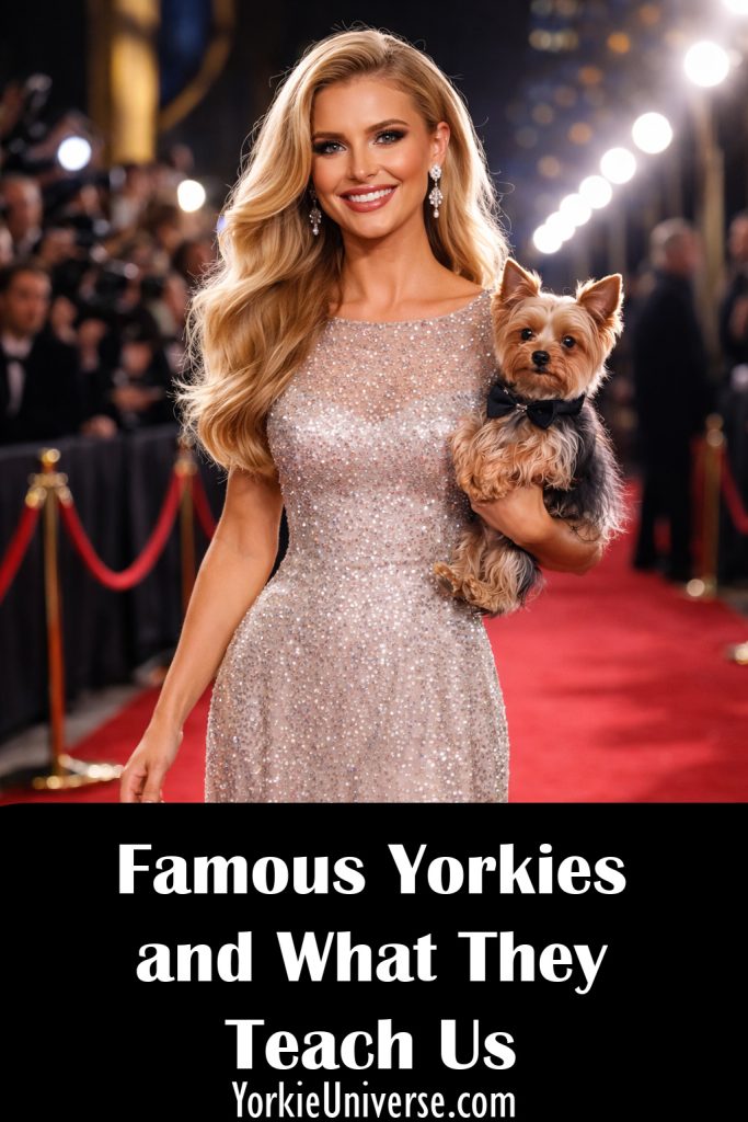 A glamorous woman in a sparkling gown walks the red carpet with her Yorkshire Terrier. Text below reads: Famous Yorkshire Terriers and What They Teach Us About Dog Training. YorkieUniverse.com.