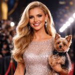A glamorous woman in a sparkling dress smiles while holding a famous Yorkshire Terrier in a bow tie on the red carpet, with photographers and bright lights capturing the dazzling moment.