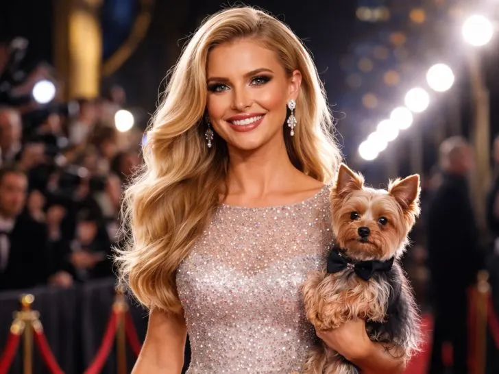 A glamorous woman in a sparkling dress smiles while holding a famous Yorkshire Terrier in a bow tie on the red carpet, with photographers and bright lights capturing the dazzling moment.