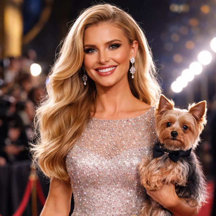 A glamorous woman in a sparkling dress smiles while holding a famous Yorkshire Terrier in a bow tie on the red carpet, with photographers and bright lights capturing the dazzling moment.