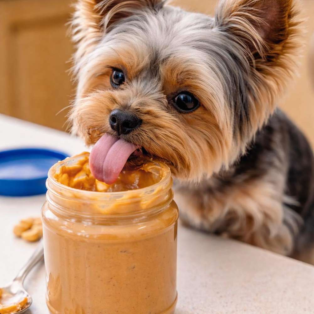 Yorkie licking peanut butter out of a peanut butter jar