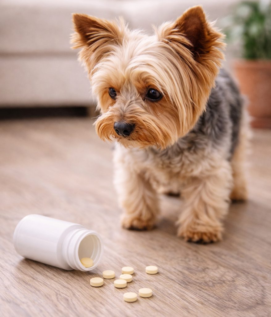 Yorkie looking at a pill bottle on the floor that has opened and some of pills have fallen out.