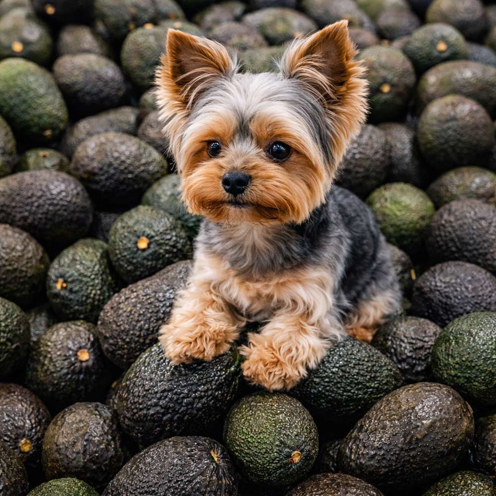 Yorkie sitting on a pile of avocados.