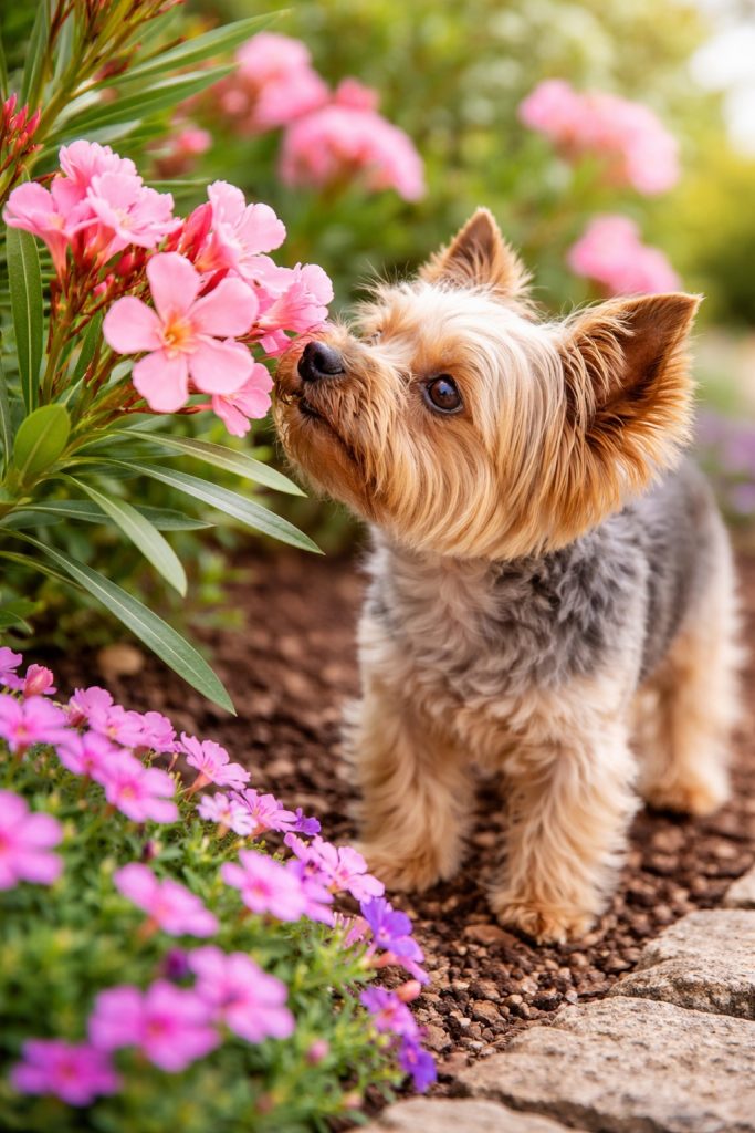 Yorkie smelling Oleander flower.