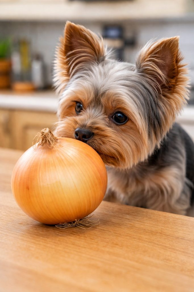 Yorkie smelling an onion