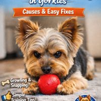 Yorkie protecting a toy ball while lying on a rug, showing resource guarding behavior