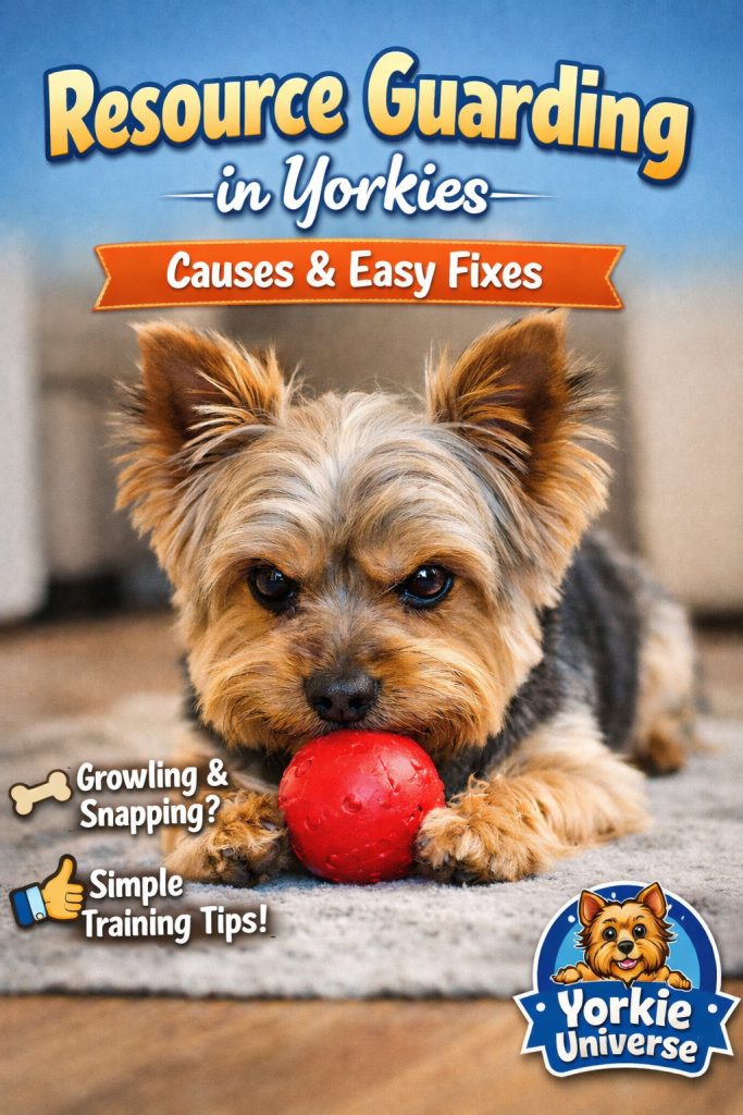 Yorkie protecting a toy ball while lying on a rug, showing resource guarding behavior