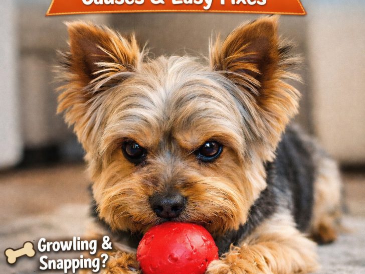 Yorkie protecting a toy ball while lying on a rug, showing resource guarding behavior
