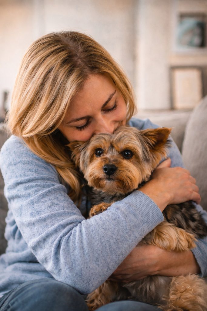 Woman hugging Yorkie.