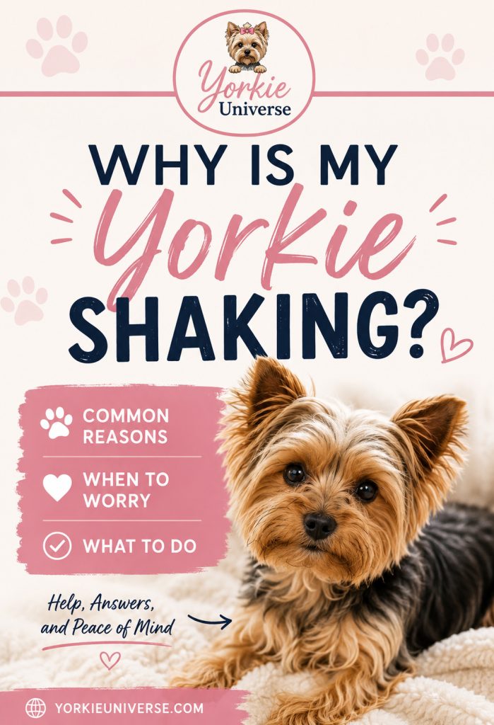 Pinterest graphic featuring a cute Yorkshire Terrier with the text &ldquo;Why Is My Yorkie Shaking?&rdquo; and sections covering common reasons, when to worry, and what to do, along with the Yorkie Universe logo.
