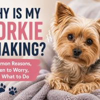 Cute Yorkshire Terrier lying on a soft blanket with text reading “Why Is My Yorkie Shaking? Common Reasons, When to Worry, and What to Do.”