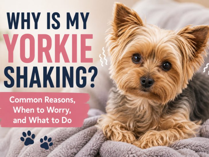 Cute Yorkshire Terrier lying on a soft blanket with text reading “Why Is My Yorkie Shaking? Common Reasons, When to Worry, and What to Do.”