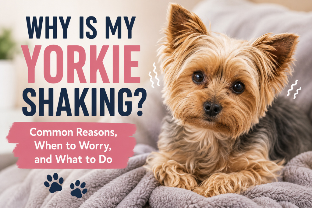 Cute Yorkshire Terrier lying on a soft blanket with text reading &ldquo;Why Is My Yorkie Shaking? Common Reasons, When to Worry, and What to Do.&rdquo;