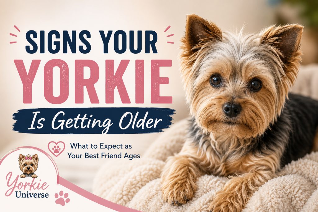 Senior Yorkshire Terrier resting on a soft blanket with text reading “Signs Your Yorkie Is Getting Older: What to Expect as Your Best Friend Ages” and the Yorkie Universe logo in the corner.