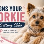 Senior Yorkshire Terrier resting on a soft blanket with text reading “Signs Your Yorkie Is Getting Older: What to Expect as Your Best Friend Ages” and the Yorkie Universe logo in the corner.