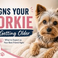 Senior Yorkshire Terrier resting on a soft blanket with text reading “Signs Your Yorkie Is Getting Older: What to Expect as Your Best Friend Ages” and the Yorkie Universe logo in the corner.