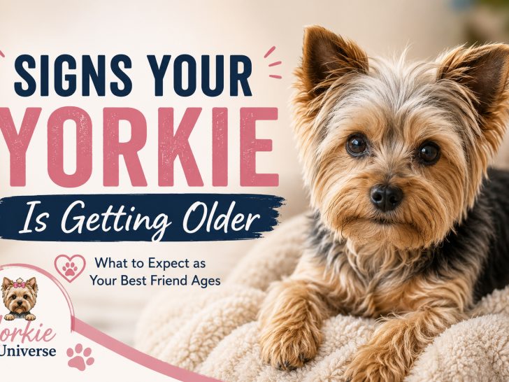 Senior Yorkshire Terrier resting on a soft blanket with text reading &ldquo;Signs Your Yorkie Is Getting Older: What to Expect as Your Best Friend Ages&rdquo; and the Yorkie Universe logo in the corner.